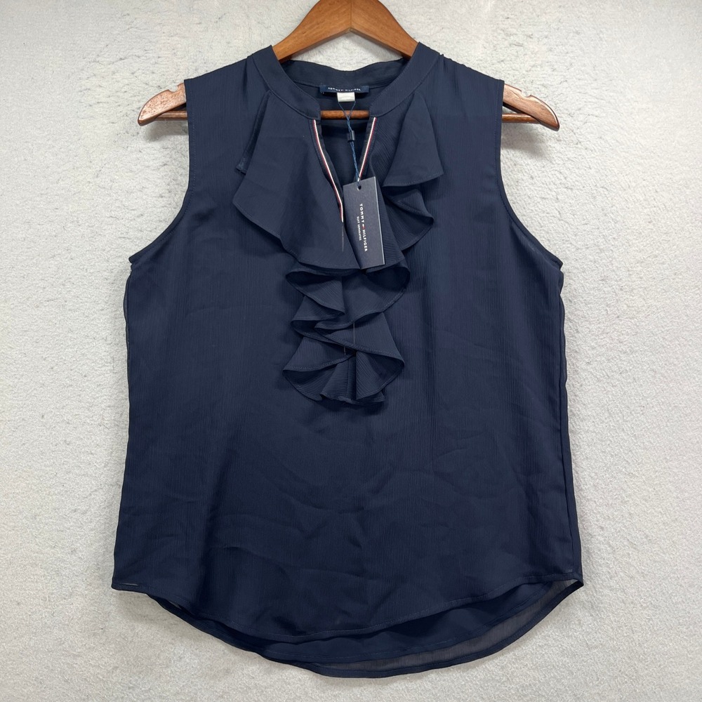 Tommy Hilfiger Top Womens S Navy Ruffle V Neck Sleeveless Chiffon Blouse New